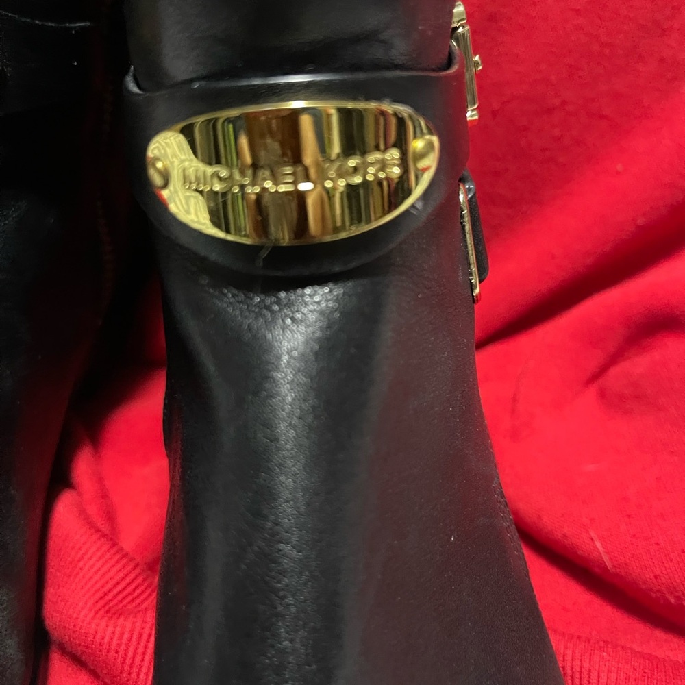 Michael Kors Black Leather Heeled Boots with Gold Accents - Picture 6 of 10